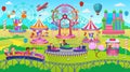 Theme Park scene with electric cars, ferris wheel, carrousel, trampoline. Amusement park. Vector illustration for children. Royalty Free Stock Photo
